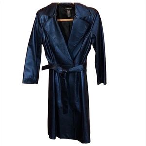 NWOT BEBE genuine opulent dark navy leather
trench style coat jacket
